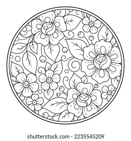 Outline round flower pattern in mehndi style for coloring book page. Antistress for adults and children. Doodle ornament in black and white. Hand draw vector illustration.