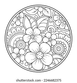 Esquema de patrón de flor redondo en estilo mehndi para la página del libro de coloreado. Antiestrés para adultos y niños. Ornamento de garabato en blanco y negro. Dibujar a mano ilustración vectorial.