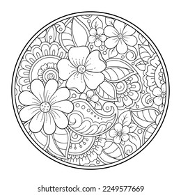 Outline round flower pattern in mehndi style for coloring book page. Antistress for adults and children. Doodle ornament in black and white. Hand draw vector illustration.