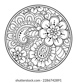 Outline round flower pattern in mehndi style for coloring book page. Antistress for adults and children. Doodle ornament in black and white. Hand draw vector illustration.