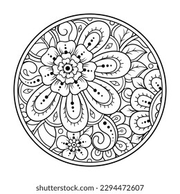 Outline round flower pattern in mehndi style for coloring book page. Antistress for adults and children. Doodle ornament in black and white. Hand draw vector illustration.