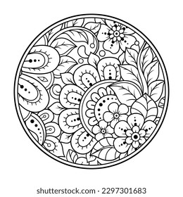 Outline round flower pattern in mehndi style for coloring book page. Antistress for adults and children. Doodle ornament in black and white. Hand draw vector illustration.