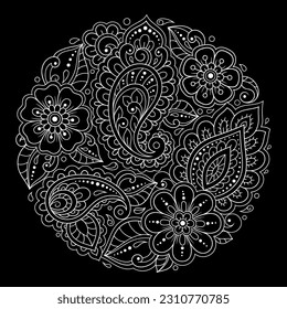 Outline round flower pattern in mehndi style for coloring book page. Antistress for adults and children. Doodle ornament in black and white. Hand draw vector illustration.