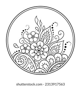 Outline round flower pattern in mehndi style for coloring book page. Antistress for adults and children. Doodle ornament in black and white. Hand draw vector illustration.