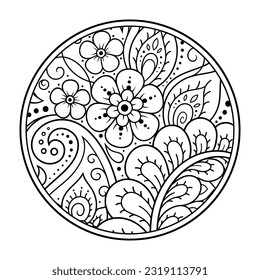 Outline round flower pattern in mehndi style for coloring book page. Antistress for adults and children. Doodle ornament in black and white. Hand draw vector illustration.