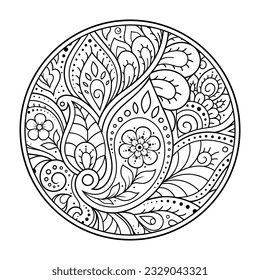 Outline round flower pattern in mehndi style for coloring book page. Antistress for adults and children. Doodle ornament in black and white. Hand draw vector illustration.