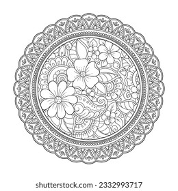 Outline round flower pattern in mehndi style for coloring book page. Antistress for adults and children. Doodle ornament in black and white. Hand draw vector illustration.