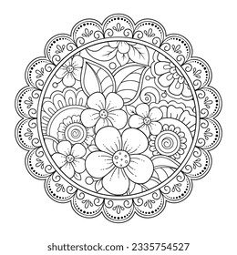 Outline round flower pattern in mehndi style for coloring book page. Antistress for adults and children. Doodle ornament in black and white. Hand draw vector illustration.