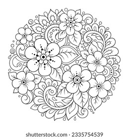 Outline round flower pattern in mehndi style for coloring book page. Antistress for adults and children. Doodle ornament in black and white. Hand draw vector illustration.