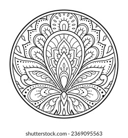 Outline round flower pattern in mehndi style for coloring book page. Antistress for adults and children. Doodle ornament in black and white. Hand draw vector illustration.
