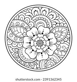 Outline round flower pattern in mehndi style for coloring book page. Antistress for adults and children. Doodle ornament in black and white. Hand draw vector illustration.