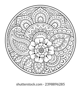 Outline round flower pattern in mehndi style for coloring book page. Antistress for adults and children. Doodle ornament in black and white. Hand draw vector illustration.