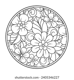 Outline round flower pattern in mehndi style for coloring book page. Antistress for adults and children. Doodle ornament in black and white. Hand draw vector illustration.