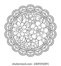 Esquema de patrón de flor redondo en estilo mehndi para la página del libro de coloreado. Antiestrés para adultos y niños. Ornamento de garabato en blanco y negro. Dibujar a mano ilustración vectorial.