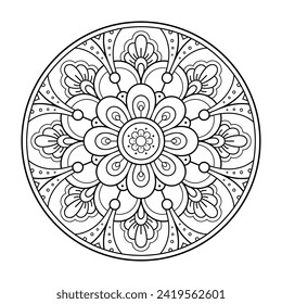 Outline round flower pattern in mehndi style for coloring book page. Antistress for adults and children. Doodle ornament in black and white. Hand draw vector illustration.