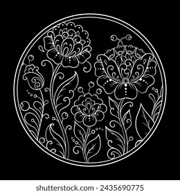 Outline round flower pattern in mehndi style for coloring book page. Antistress for adults and children. Doodle ornament in black and white. Hand draw vector illustration.