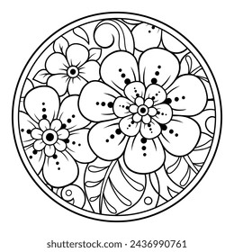 Umriss rundes Blumenmuster im Mehndi-Stil für das Färben der Buchseite. Antistress für Erwachsene und Kinder. Doodle Ornament in Schwarz und Weiß. Hand-Zeichnung Vektor-Illustration.