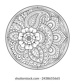 Outline round flower pattern in mehndi style for coloring book page. Antistress for adults and children. Doodle ornament in black and white. Hand draw vector illustration.