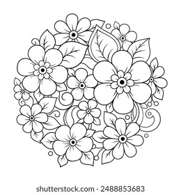 Outline round flower pattern in mehndi style for coloring book page. Antistress for adults and children. Doodle ornament in black and white. Hand draw vector illustration.