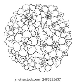 Outline round flower pattern in mehndi style for coloring book page. Antistress for adults and children. Doodle ornament in black and white. Hand draw vector illustration.