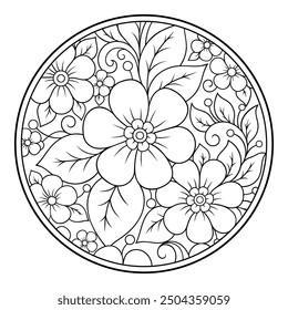 Esquema de patrón de flores redondas en estilo mendi para colorear la página del libro. Antiestrés para adultos y niños. Adorno de Doodle en blanco y negro. Dibuja a mano la Ilustración vectorial.