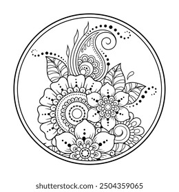 Outline round flower pattern in mehndi style for coloring book page. Antistress for adults and children. Doodle ornament in black and white. Hand draw vector illustration.