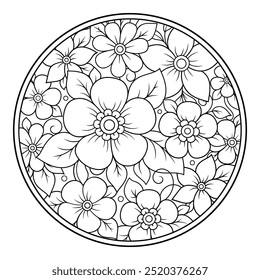 Outline round flower pattern in mehndi style for coloring book page. Antistress for adults and children. Doodle ornament in black and white. Hand draw vector illustration.