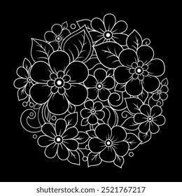Outline round flower pattern in mehndi style for coloring book page. Antistress for adults and children. Doodle ornament in black and white. Hand draw vector illustration.