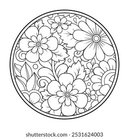 Outline round flower pattern in mehndi style for coloring book page. Antistress for adults and children. Doodle ornament in black and white. Hand draw vector illustration.