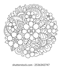 Esquema de patrón de flores redondas en estilo mendi para colorear la página del libro. Antiestrés para adultos y niños. Adorno de Doodle en blanco y negro. Dibuja a mano la Ilustración vectorial.