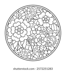 Outline round flower pattern in mehndi style for coloring book page. Antistress for adults and children. Doodle ornament in black and white. Hand draw vector illustration.