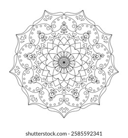 Outline round flower pattern in mehndi style for coloring book page. Antistress for adults and children. Doodle ornament in black and white. Hand draw vector illustration.