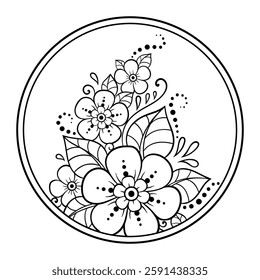 Outline round flower pattern in mehndi style for coloring book page. Antistress for adults and children. Doodle ornament in black and white. Hand draw vector illustration.