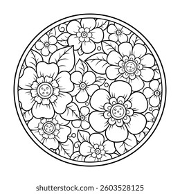 Outline round flower pattern in mehndi style for coloring book page. Antistress for adults and children. Doodle ornament in black and white. Hand draw vector illustration.