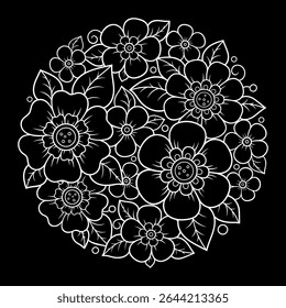Esquema de patrón de flores redondas en estilo mendi para colorear la página del libro. Antiestrés para adultos y niños. Adorno de Doodle en blanco y negro. Dibuja a mano la Ilustración vectorial.