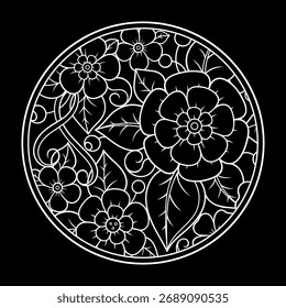 Outline round flower pattern in mehndi style for coloring book page. Antistress for adults and children. Doodle ornament in black and white. Hand draw vector illustration.