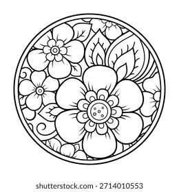 Esquema de patrón de flores redondas en estilo mendi para colorear la página del libro. Antiestrés para adultos y niños. Adorno de Doodle en blanco y negro. Dibuja a mano la Ilustración vectorial.