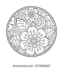 Outline round flower pattern in mehndi style for coloring book page. Antistress for adults and children. Doodle ornament in black and white. Hand draw vector illustration.