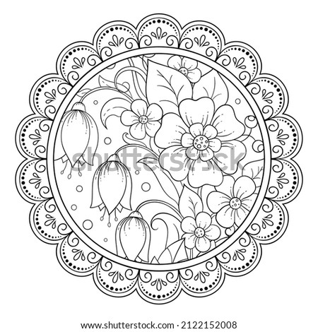 Outline round flower pattern in mehndi style for coloring book page. Antistress for adults and children. Doodle ornament in black and white. Hand draw vector illustration.