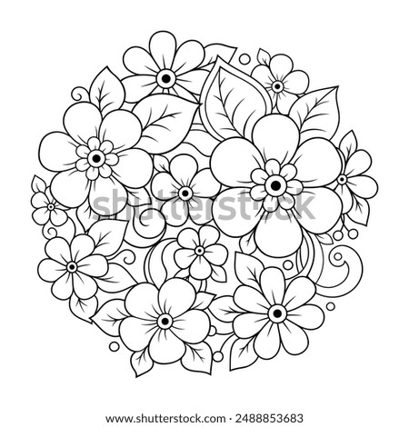 Outline round flower pattern in mehndi style for coloring book page. Antistress for adults and children. Doodle ornament in black and white. Hand draw vector illustration.