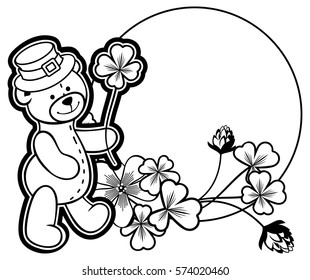 Outline round frame with shamrock contour and teddy bear in leprechaun hat. Copy space. Vector clip art.