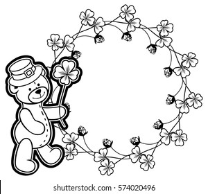 Outline round frame with shamrock contour and teddy bear in leprechaun hat. Copy space. Vector clip art.