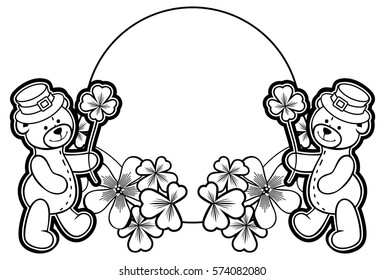 Outline round frame with shamrock contour and teddy bear in leprechaun hat. Copy space. Vector clip art.