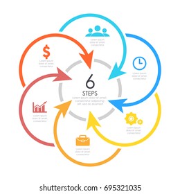 Outline round infographic element. Circle template 6 steps with arrows.