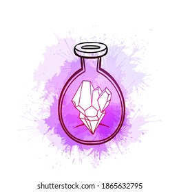 Outline round magic glass bottle with precious stones inside and violet watercolor splashes. Contour enchanting flask for postcards, banners and your creativity.