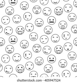 Outline round smile emoji seamless pattern. Emoticon icon linear style vector background. Expression comic emoji. Smiley face icons.