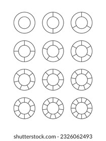 Outline round structure template with segments and slices. Set of circle chart. Circular section graph. Pie diagram divided into pieces. Piechart with sectors. Vector illustration