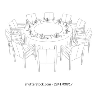 Outline of a round table with chairs from black lines isolated on a white background. Laid table in the restaurant. Vector illustration.