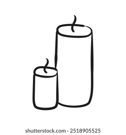 Outline round tall Candles. Contour image Wax lights with Wick. Line art Pillars. Hand drawn Doodle Tapers. Interior element. Relaxation, ambiance. Isolated on white background. Vector illustration.