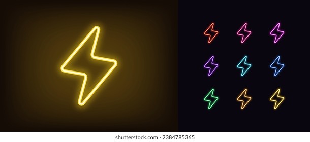 Umrissenes, abgerundetes Neonblitz-Symbol-Set. Leuchtendes neonisches elektrisches Blitzzeichen mit abgerundeten Winkeln, Energiesymbol. Elektrische Ladung, Blitzlicht, Ladeeffekt, Energieaufladung. Vektorsymbol-Set